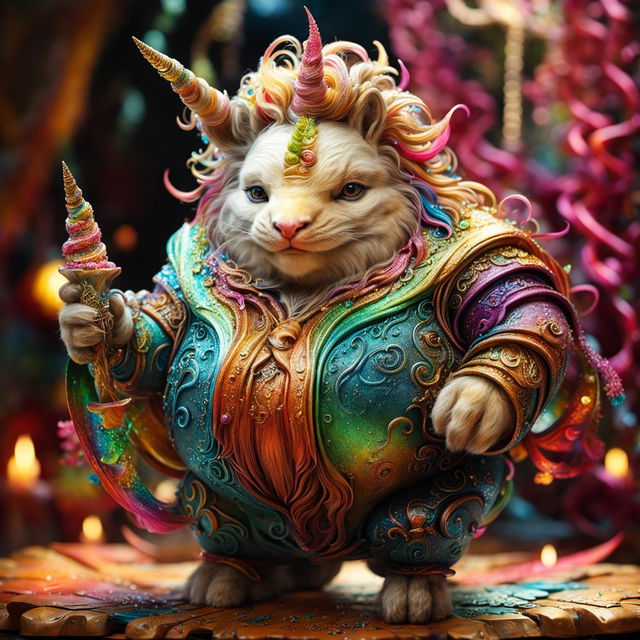 A whimsical, exceedingly chubby unicorn with a resplendent mane and a glittering, spiral horn, full of cheer and magic.