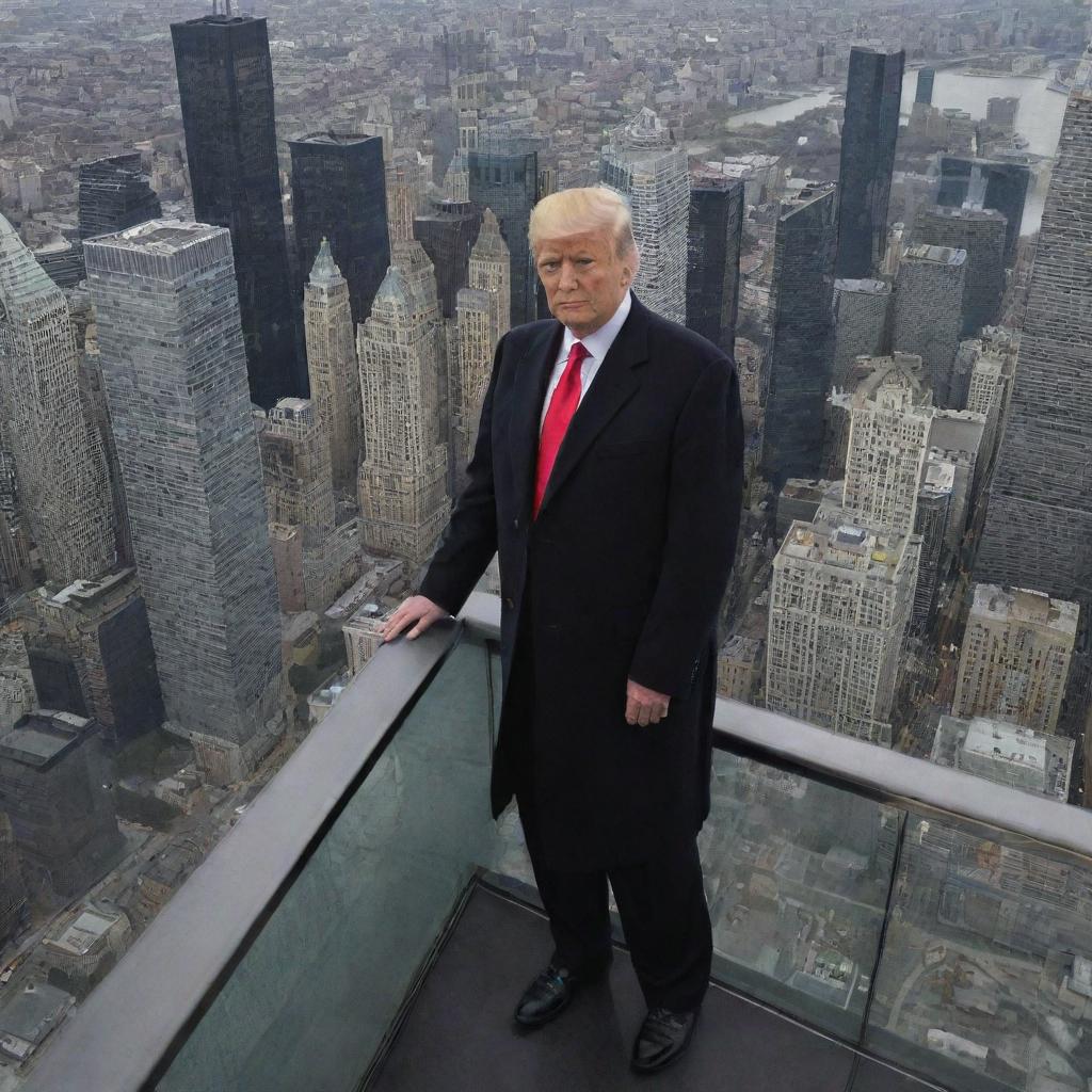 Former President Donald Trump standing atop Trump Tower, displaying a commanding presence with the cityscape sprawling beneath him