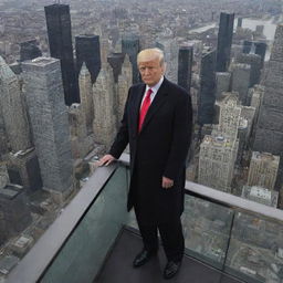 Former President Donald Trump standing atop Trump Tower, displaying a commanding presence with the cityscape sprawling beneath him