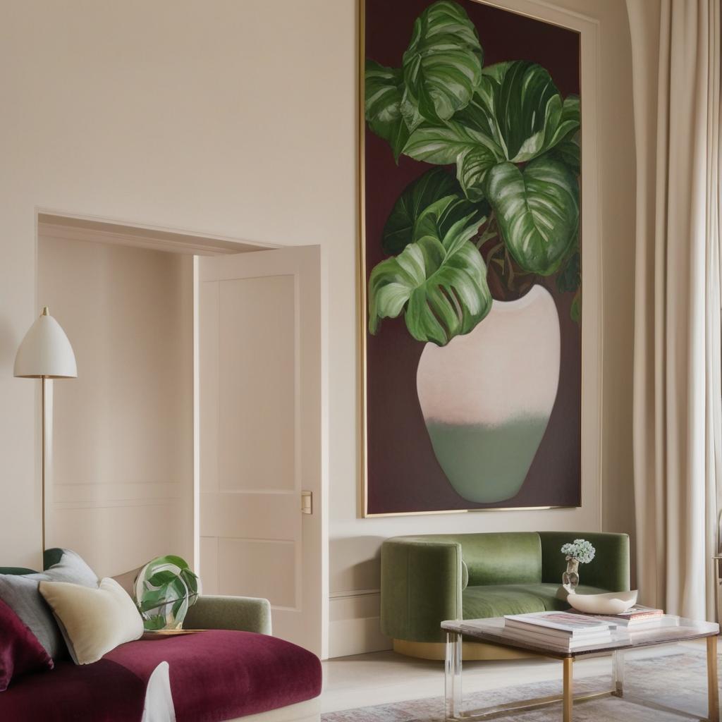 Generate a large-scale artwork that will elegantly hang over a white radiator. The painting should complement burgundy sofas, a cream rug, a burgundy rug over a beige carpet, and green plants.