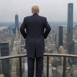 Former President Donald Trump standing atop Trump Tower, displaying a commanding presence with the cityscape sprawling beneath him