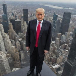 Former President Donald Trump standing atop Trump Tower, displaying a commanding presence with the cityscape sprawling beneath him