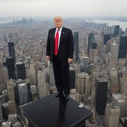 Former President Donald Trump standing atop Trump Tower, displaying a commanding presence with the cityscape sprawling beneath him