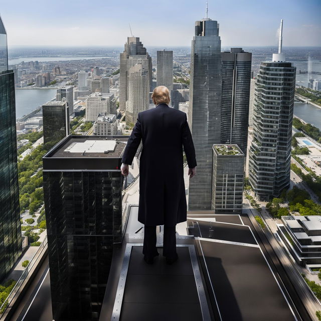 Former President Donald Trump standing on the top of the Trump Tower, displaying a commanding presence against the backdrop of the sprawling city