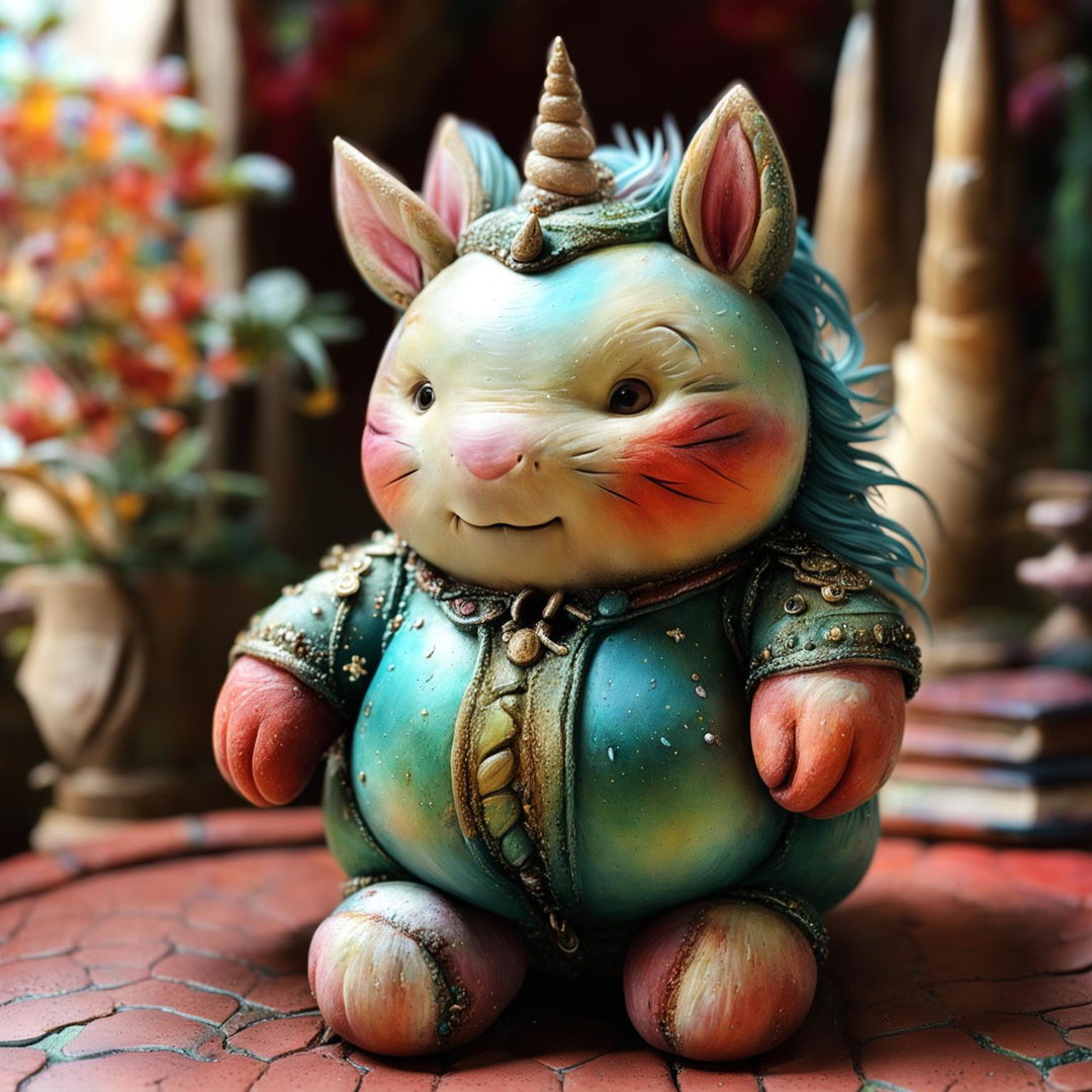 An enchantingly chubby unicorn with a gleaming horn, emanating warmth and magic.