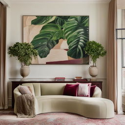 Enhance the image of the large-scale artwork hanging above a white radiator. Ensure the art matches the surrounding burgundy sofas, cream and burgundy rugs on a beige carpet, and the vibrant green plants.