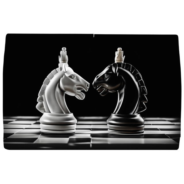 Animated black and white chessboard pieces embarking in a dynamic clash of war against each other