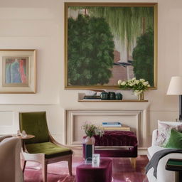 Enhance the image of the large-scale artwork hanging above a white radiator. Ensure the art matches the surrounding burgundy sofas, cream and burgundy rugs on a beige carpet, and the vibrant green plants.