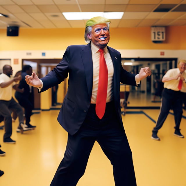 Generate an image of Donald Trump dancing joyously to the tune of 'YMCA' in a vividly portrayed YMCA gym.