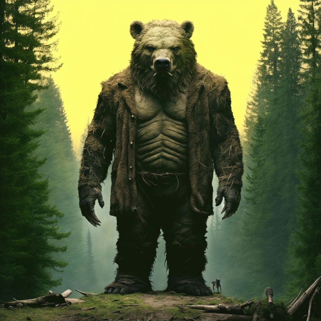 A mysterious creature that is half man, half bear, and half pig, standing imposingly in a verdant forest clearing