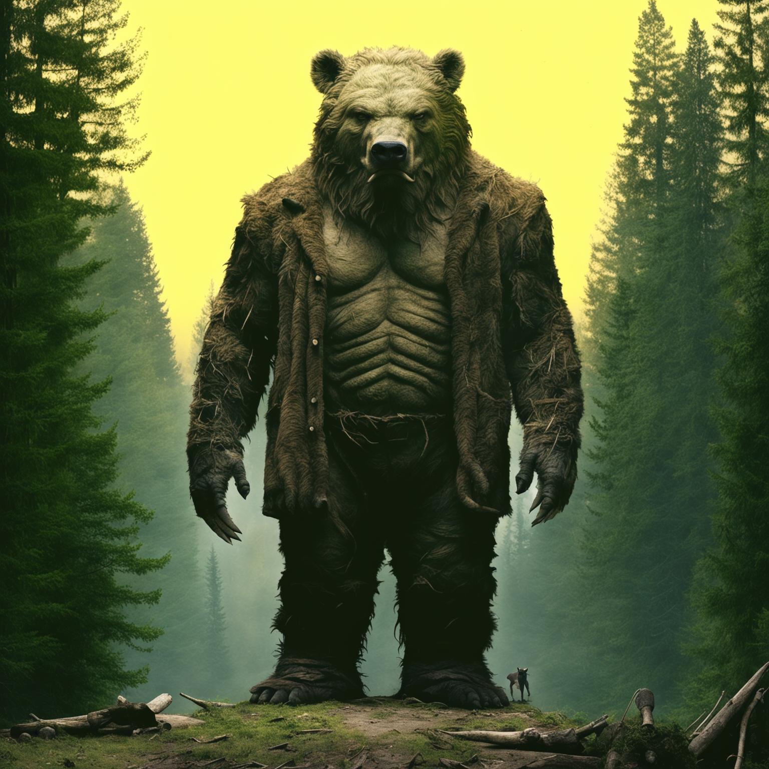 A mysterious creature that is half man, half bear, and half pig, standing imposingly in a verdant forest clearing
