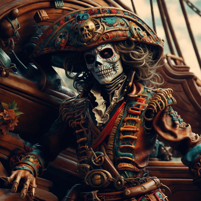 A bewitching phantom pirate on a ship, infused with Mexican Day of the Dead elements. Capturing frantic swashbuckling energy and intricate details that echo both insanity and artistry, reminiscent of the stylistic nuances in 'Pirates of the Caribbean'.