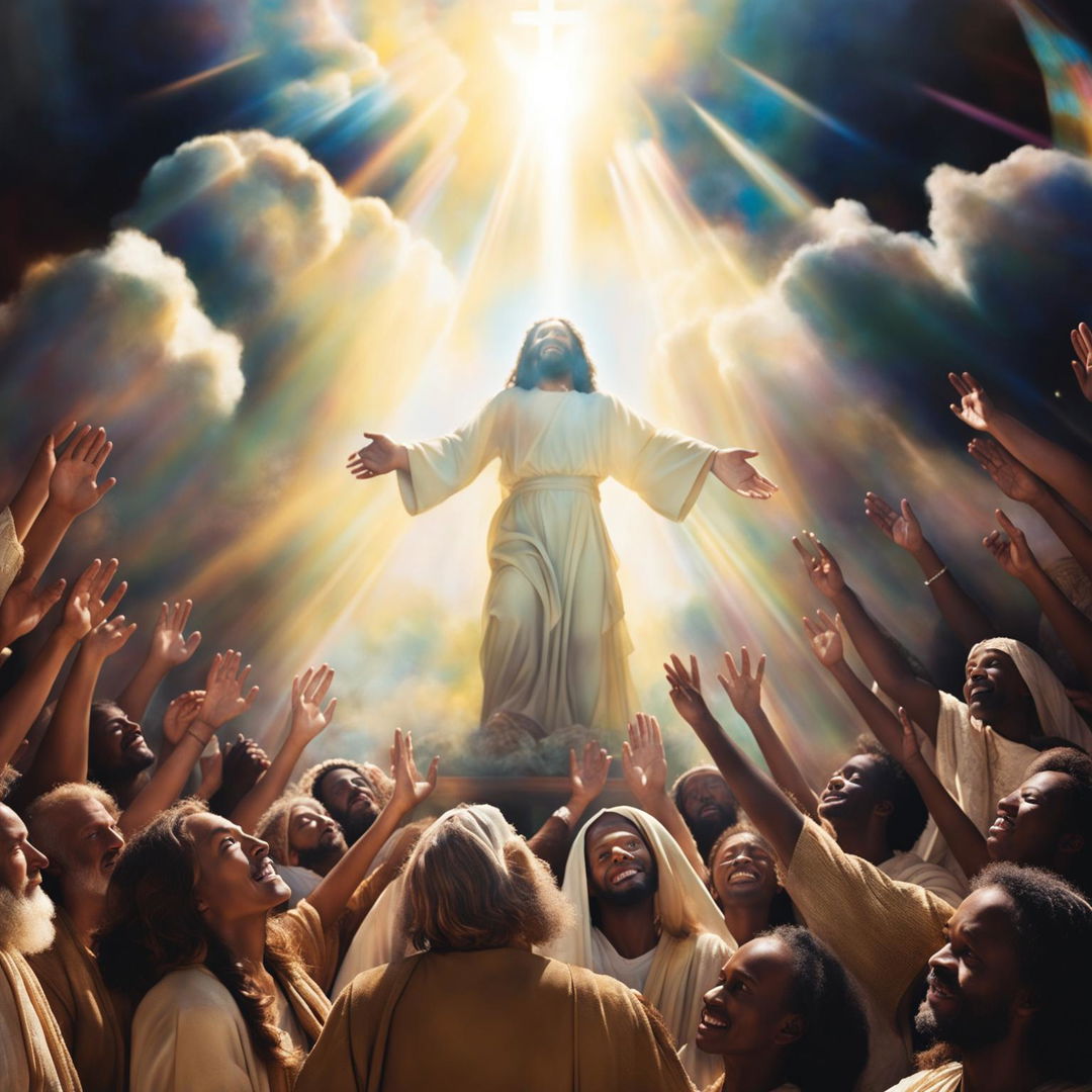 Add people to the previous image, individuals of various ages and backgrounds, displaying relief and hope, uplifted by the radiant appearance of Jesus descending from the sky.