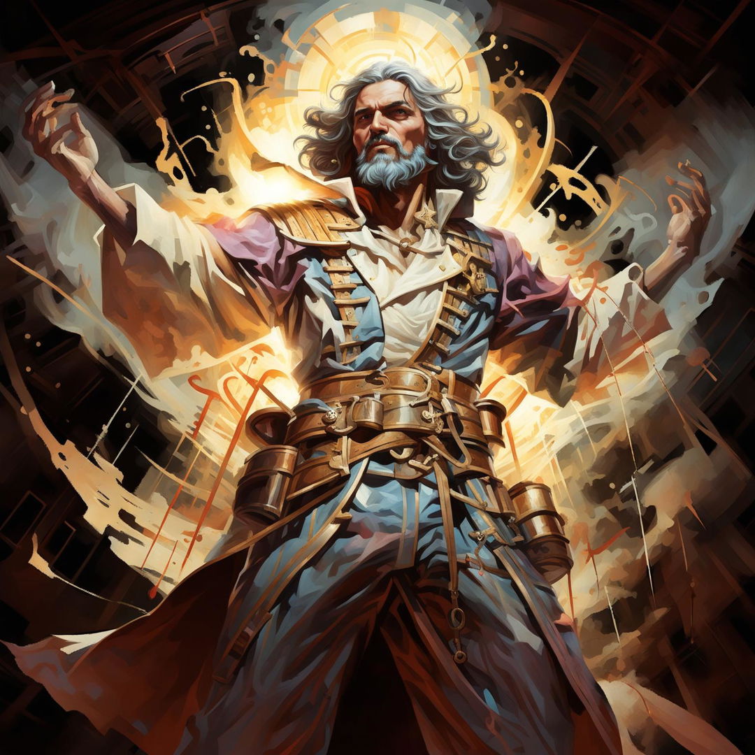 Maintaining the same electrifying energy of the phantom pirate, now fused with Divine elements inspired by Jesus Christ. The figure radiates an ethereal glow, introducing a celestial dimension to the wild swashbuckling scene.