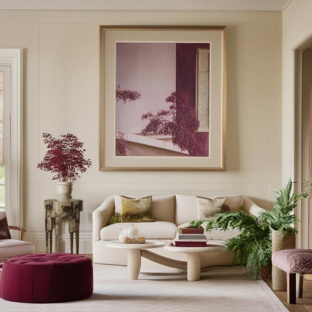 Enhance the image of the large-scale artwork hanging above a white radiator. Ensure the art matches the surrounding burgundy sofas, cream and burgundy rugs on a beige carpet, and the vibrant green plants.