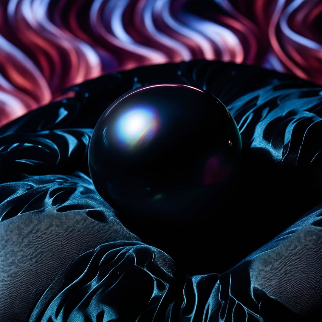 A stunning black pearl, shimmering with iridescent hues under a soft light, resting on a velvet cushion