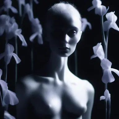 In the dark room, a pale figure with glowing irises stared back at me, sending shivers down my spine.