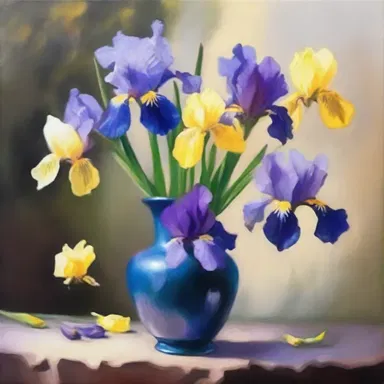 The artist painted a beautiful still life of a vase filled with irises in a garden.