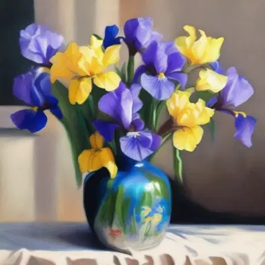 The artist painted a beautiful still life of a vase filled with irises in a garden.