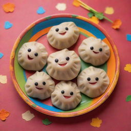 Delicious momos (Tibetan dumplings) with cheerful, anthropomorphic expressions, placed on a colorful platter, with a vibrant background adding to the overall joyful ambiance.