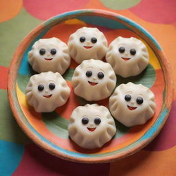 Delicious momos (Tibetan dumplings) with cheerful, anthropomorphic expressions, placed on a colorful platter, with a vibrant background adding to the overall joyful ambiance.