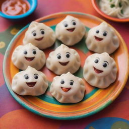 Delicious momos (Tibetan dumplings) with cheerful, anthropomorphic expressions, placed on a colorful platter, with a vibrant background adding to the overall joyful ambiance.