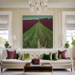 Enhance the image of the large-scale artwork hanging above a white radiator. Ensure the art matches the surrounding burgundy sofas, cream and burgundy rugs on a beige carpet, and the vibrant green plants.