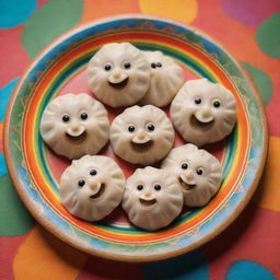 Delicious momos (Tibetan dumplings) with cheerful, anthropomorphic expressions, placed on a colorful platter, with a vibrant background adding to the overall joyful ambiance.