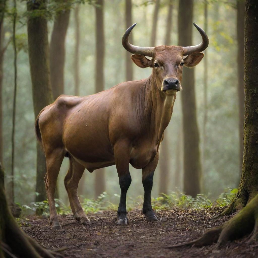 A majestic, powerful banteng standing in an Indonesian forest, its tall horns catching the afternoon light.