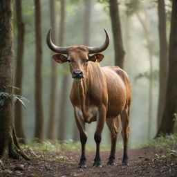 A majestic, powerful banteng standing in an Indonesian forest, its tall horns catching the afternoon light.