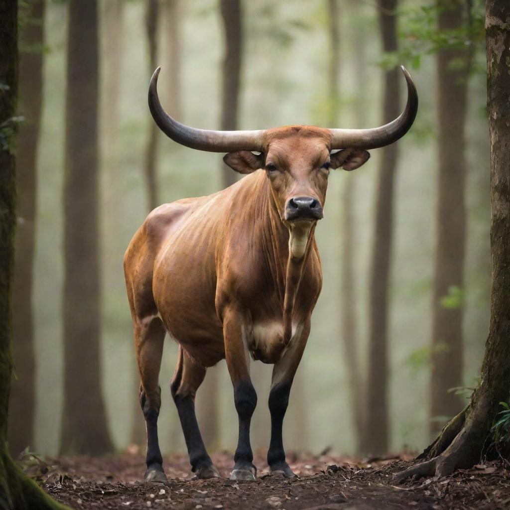 A majestic, powerful banteng standing in an Indonesian forest, its tall horns catching the afternoon light.