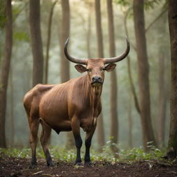 A majestic, powerful banteng standing in an Indonesian forest, its tall horns catching the afternoon light.