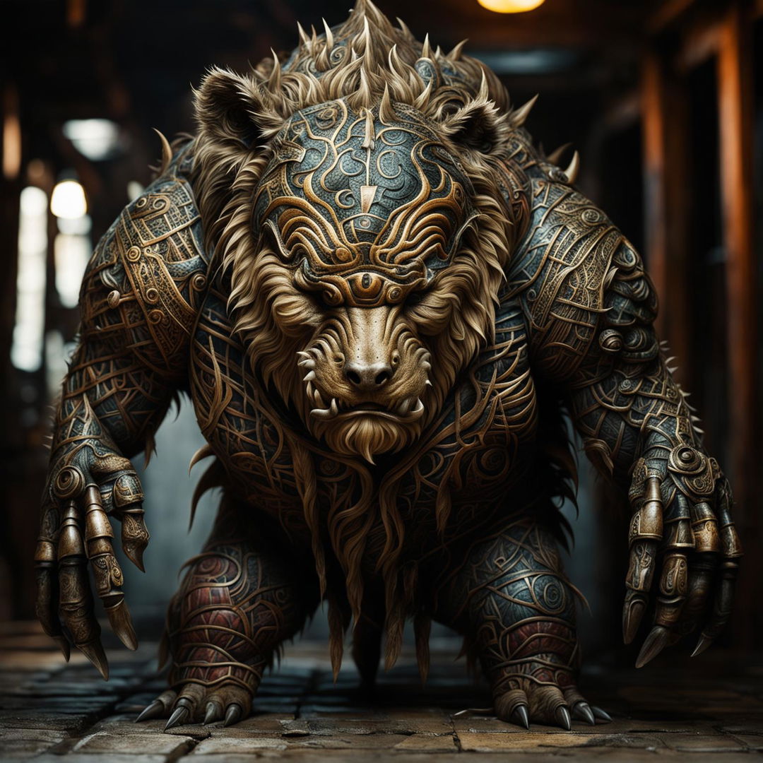 A grotesque and highly detailed supernatural creature, half man, half bear, half pig with intricate patterns on its fur and skin.