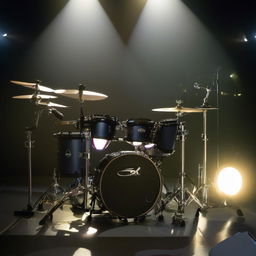 A sleek electronic drum kit, illuminated under a spotlight, with various pads and cymbals displayed prominently.