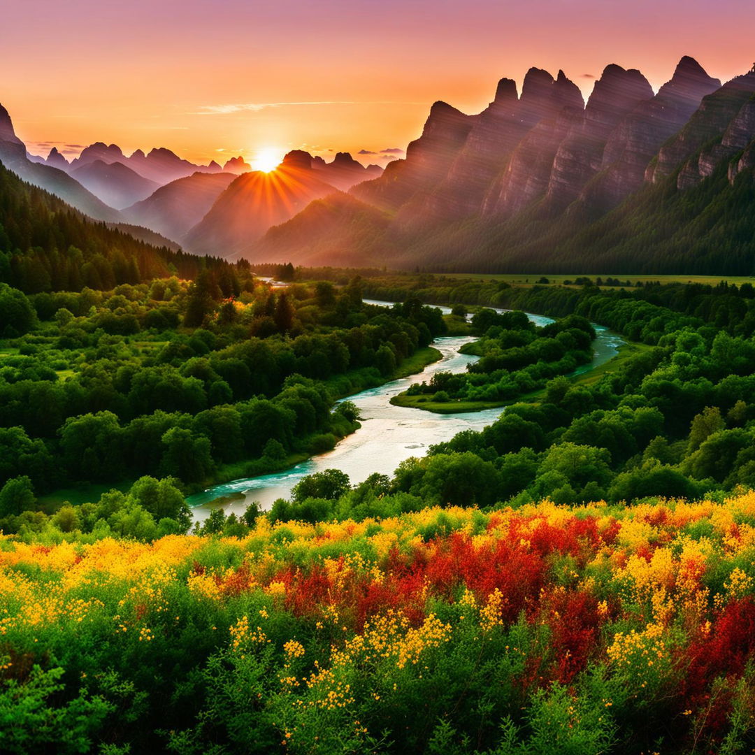 A stunning landscape showcasing the beauty of nature with lush greenery, vibrant flora, a serene river and majestic mountain ranges illuminated by a glowing sunset.