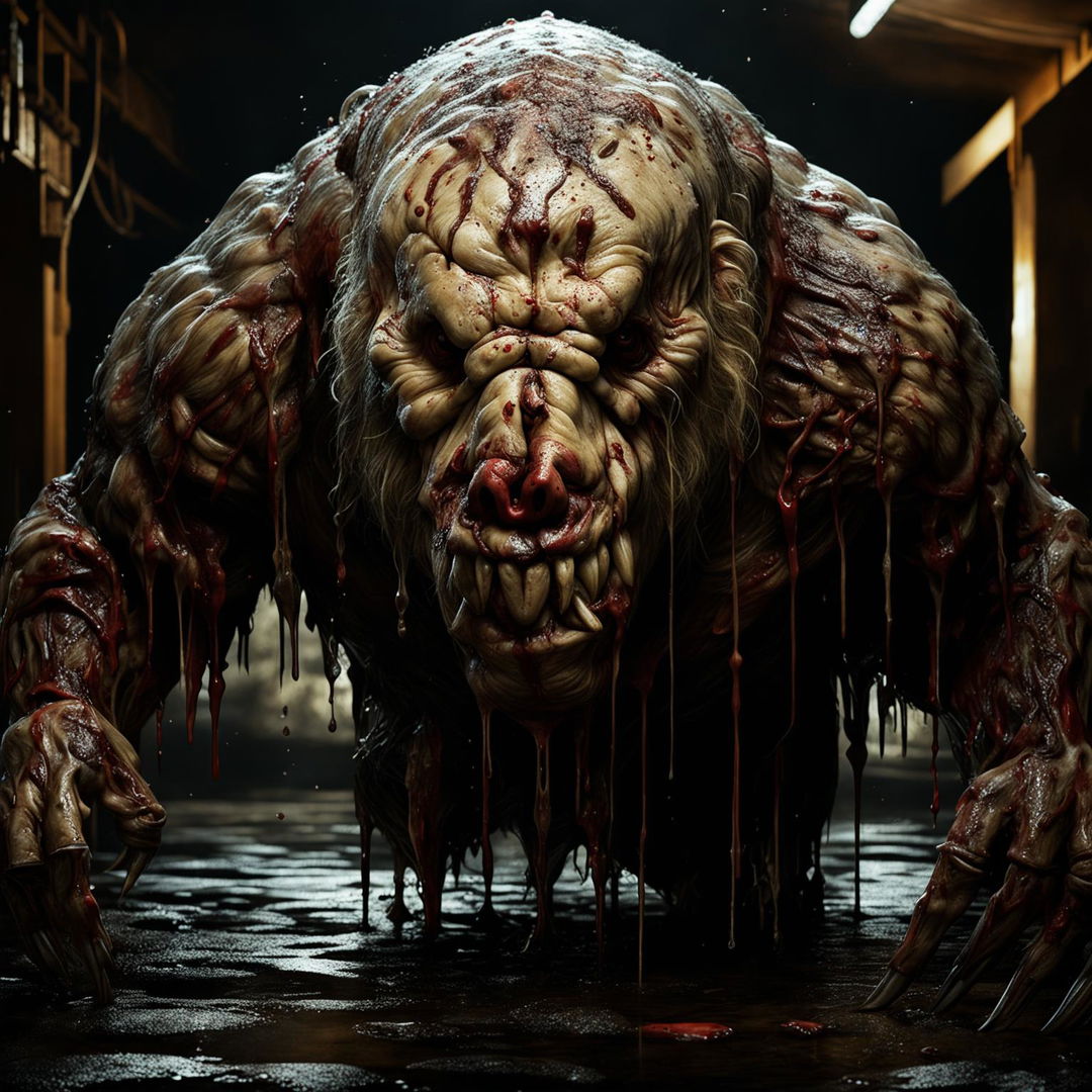 A photorealistic and gruesomely detailed creature, half man, half bear, half pig, dripping with slime and blood, capturing the chilling essence of horror.