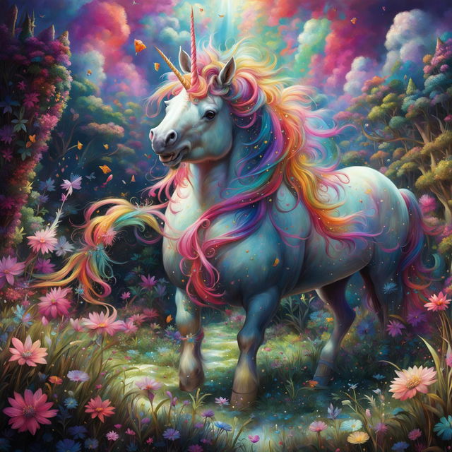 A plump, cheerful unicorn with vibrant, colorful mane and sparkly horn, playfully standing in a lush, magical meadow.