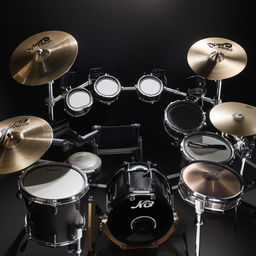 A sleek electronic drum kit, illuminated under a spotlight, with various pads and cymbals displayed prominently.