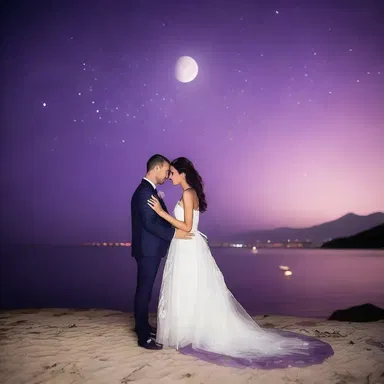 Lost in a sea of purple poroporos, the couple embraced each other under the moonlight, creating a dreamy and romantic atmosphere.