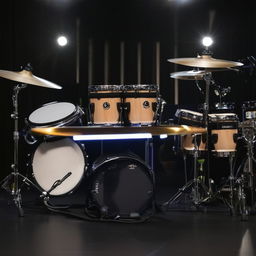 A sleek electronic drum kit, illuminated under a spotlight, with various pads and cymbals displayed prominently.