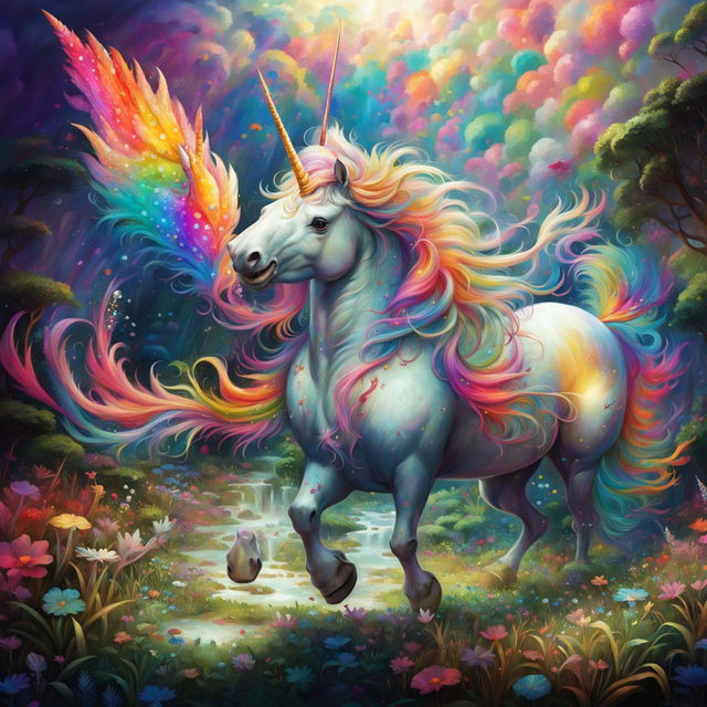 The unicorn, now even bulkier and cheerier, its large body full of cheerfulness, with an even more vibrant, colorful mane and sparkling horn, playfully standing in a magical, lush meadow.