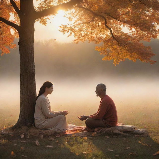 A warm, serene scene depicting the emotion of gratitude. Individuals in a peaceful environment, expressing thankfulness and appreciation towards each other.