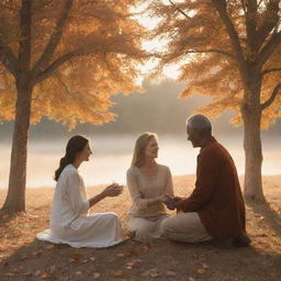 A warm, serene scene depicting the emotion of gratitude. Individuals in a peaceful environment, expressing thankfulness and appreciation towards each other.