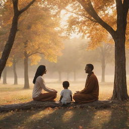 A warm, serene scene depicting the emotion of gratitude. Individuals in a peaceful environment, expressing thankfulness and appreciation towards each other.