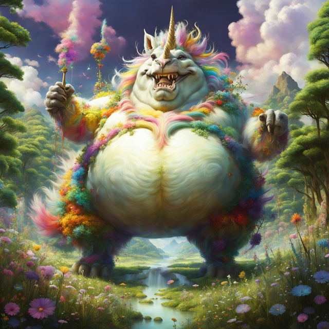 An extraordinarily fat and jovial unicorn, its body enormous and full of joy, its vibrant, colorful mane and shiny horn anomalously contrasting with its size, merrily standing in a lush, enchanted meadow.