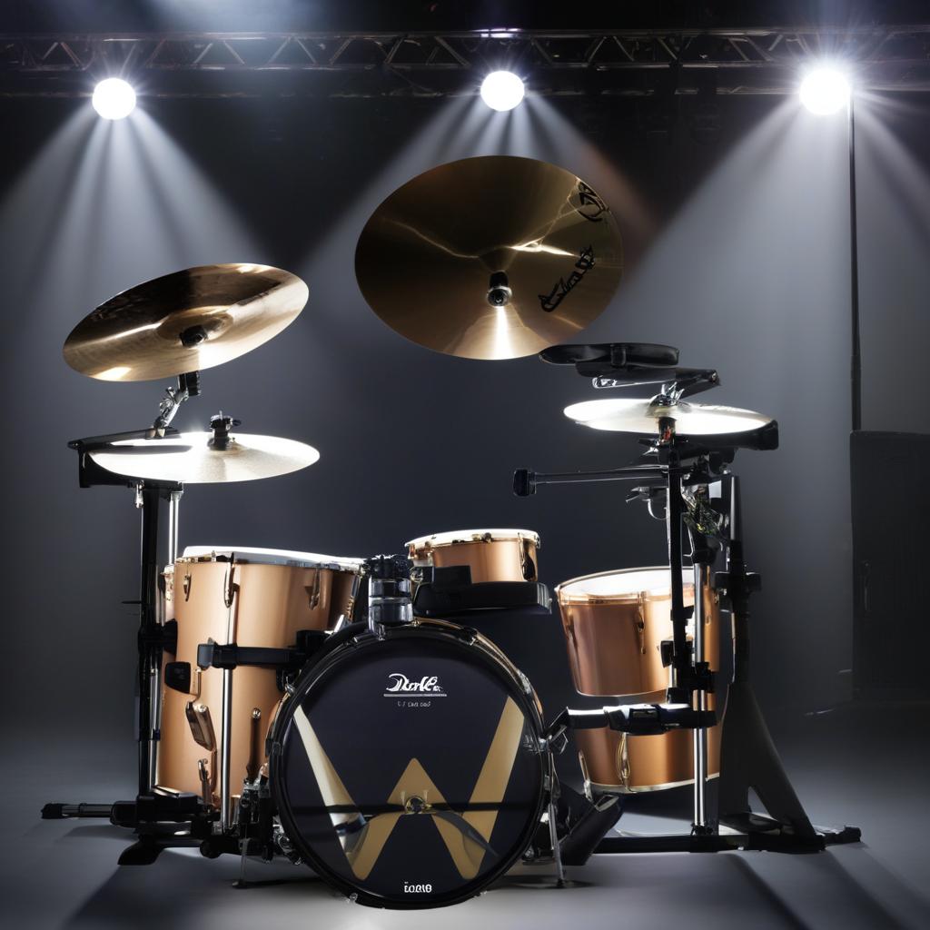 A sleek electronic drum kit, illuminated under a spotlight, with various pads and cymbals displayed prominently.