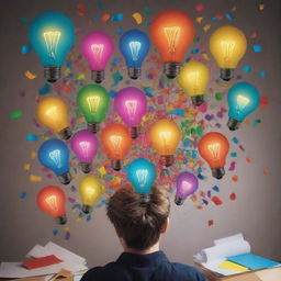 A captivating image that further encapsulates ADHD - a whirlwind of colourful shapes signifying swirling thoughts, glowing light bulbs for sudden insights, and scattered papers symbolizing attention shifting from one task to another.