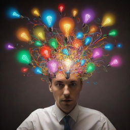 A captivating image that further encapsulates ADHD - a whirlwind of colourful shapes signifying swirling thoughts, glowing light bulbs for sudden insights, and scattered papers symbolizing attention shifting from one task to another.