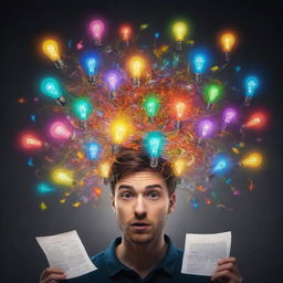 A captivating image that further encapsulates ADHD - a whirlwind of colourful shapes signifying swirling thoughts, glowing light bulbs for sudden insights, and scattered papers symbolizing attention shifting from one task to another.