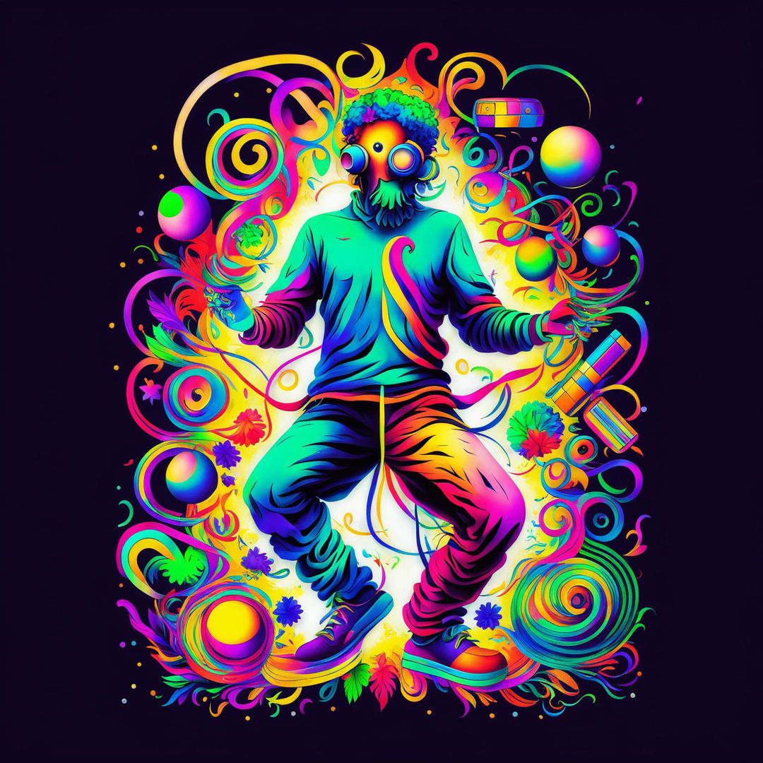 An artistic visualization of ADHD as a colorful, multi-layered being simultaneously juggling various hobbies and activities. The figure is pulsating with energy and surrounded by symbols representing impulsivity, hyperactivity, and creativity.